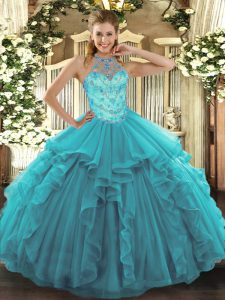 Excellent Teal Halter Top Lace Up Beading and Embroidery and Ruffles Quince Ball Gowns Sleeveless