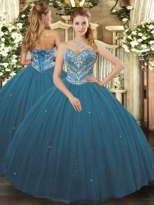 Hot Sale Sleeveless Tulle Floor Length Lace Up Sweet 16 Dresses in Teal with Beading