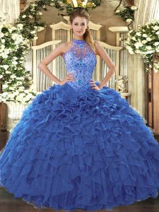 Fashionable Beading and Embroidery and Ruffles Sweet 16 Dress Blue Lace Up Sleeveless Floor Length