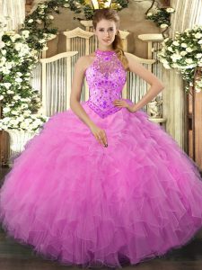 Rose Pink Ball Gowns Organza Halter Top Sleeveless Beading and Ruffles Floor Length Lace Up Quince Ball Gowns