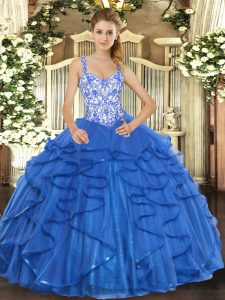 Blue Ball Gowns Straps Sleeveless Tulle Floor Length Lace Up Beading and Appliques and Ruffles Sweet 16 Dresses