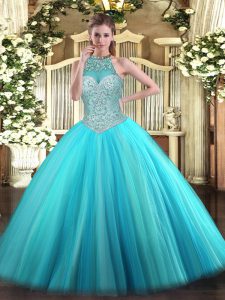 Aqua Blue Ball Gowns Tulle Halter Top Sleeveless Beading Floor Length Lace Up Quince Ball Gowns