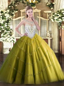 Flirting Olive Green Zipper Quinceanera Gowns Beading and Appliques Sleeveless Floor Length