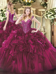 Sleeveless Floor Length Beading and Ruffles Lace Up Sweet 16 Quinceanera Dress with Fuchsia