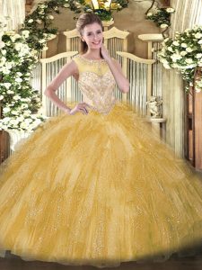 Best Sleeveless Organza Floor Length Zipper Quinceanera Dress in Gold with Beading and Ruffles