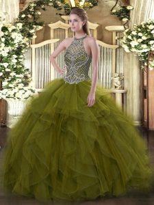 Comfortable Floor Length Olive Green Sweet 16 Quinceanera Dress Organza Sleeveless Beading