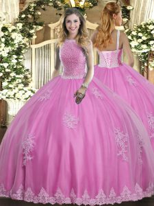 Fashionable High-neck Sleeveless Sweet 16 Dress Floor Length Beading and Appliques Rose Pink Tulle