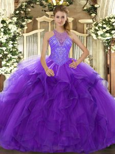 Custom Made Sleeveless Organza Floor Length Lace Up Vestidos de Quinceanera in Purple with Beading and Ruffles