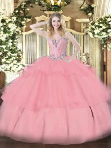 Modern Baby Pink Tulle Lace Up Quinceanera Gowns Sleeveless Floor Length Beading and Ruffled Layers