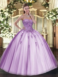 High End Lavender Lace Up Vestidos de Quinceanera Beading Sleeveless Floor Length