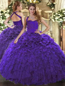 Luxurious Purple Sleeveless Floor Length Ruffles Lace Up Quinceanera Dress