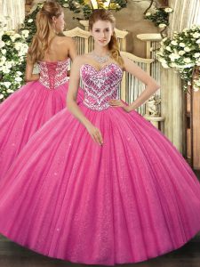 Stunning Sweetheart Sleeveless Sweet 16 Dresses Floor Length Beading Hot Pink Tulle