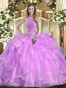 Fashion Lilac High-neck Neckline Beading and Ruffles Quinceanera Gowns Sleeveless Lace Up