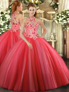 Elegant Coral Red Tulle Lace Up Quince Ball Gowns Sleeveless Floor Length Embroidery