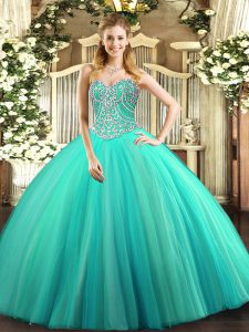 Floor Length Aqua Blue Quinceanera Dress Tulle Sleeveless Beading