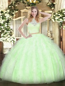 Scoop Sleeveless Quinceanera Dress Floor Length Lace and Ruffles Yellow Green Tulle