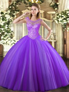 Lavender Ball Gowns Scoop Sleeveless Tulle Floor Length Lace Up Beading 15 Quinceanera Dress