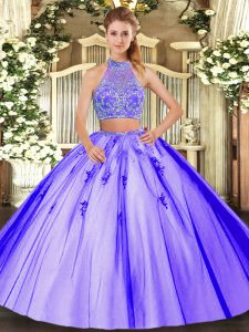 Fancy Lavender Halter Top Neckline Beading Quince Ball Gowns Sleeveless Criss Cross