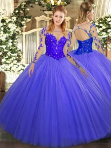 Lace Sweet 16 Quinceanera Dress Blue Lace Up Long Sleeves Floor Length