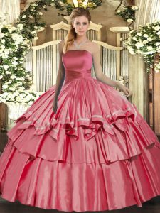 On Sale Strapless Sleeveless Ball Gown Prom Dress Floor Length Ruffled Layers Coral Red Organza