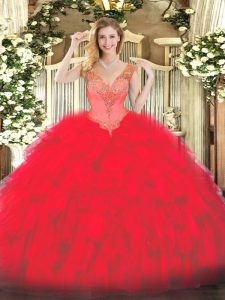 Perfect Floor Length Lace Up Quinceanera Gown Red for Military Ball and Sweet 16 and Quinceanera with Beading and Ruffles