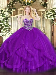 Floor Length Eggplant Purple Sweet 16 Quinceanera Dress Tulle Sleeveless Ruffles