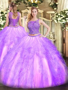 Tulle Scoop Sleeveless Lace Up Beading and Ruffles 15th Birthday Dress in Lavender