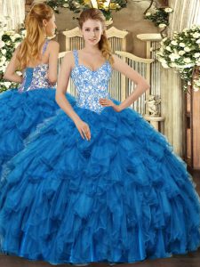 Edgy Sleeveless Organza Floor Length Lace Up Sweet 16 Quinceanera Dress in Blue with Beading and Ruffles