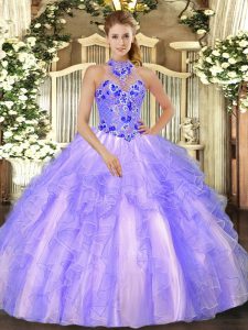 Floor Length Lavender Quince Ball Gowns Halter Top Sleeveless Lace Up