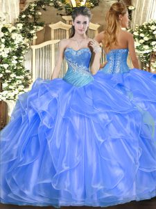 Top Selling Baby Blue Sweetheart Neckline Beading and Ruffles Vestidos de Quinceanera Sleeveless Lace Up