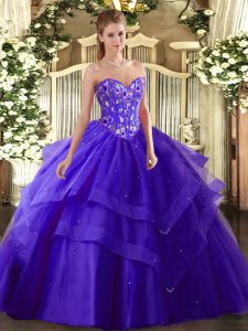 Dynamic Purple Tulle Lace Up Ball Gown Prom Dress Sleeveless Floor Length Embroidery and Ruffled Layers