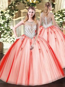 Spectacular Coral Red Zipper 15th Birthday Dress Beading and Appliques Sleeveless Floor Length