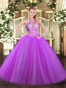 Purple Sleeveless Floor Length Sequins Lace Up Ball Gown Prom Dress