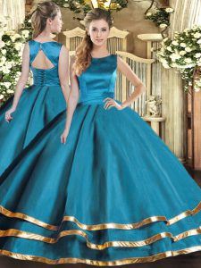 Floor Length Lace Up Quinceanera Gown Teal for Military Ball and Sweet 16 and Quinceanera with Ruffled Layers