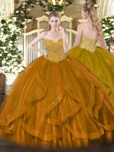 Hot Selling Gold Ball Gowns Beading and Ruffles Quinceanera Dresses Lace Up Organza Sleeveless Floor Length