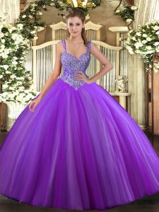 Enchanting V-neck Sleeveless Sweet 16 Dress Floor Length Beading Purple Tulle