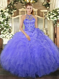 Gorgeous Ball Gowns Quinceanera Dress Blue Halter Top Organza Sleeveless Floor Length Lace Up