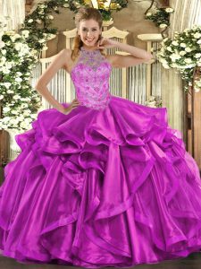 Fuchsia Ball Gowns Organza Halter Top Sleeveless Beading and Embroidery and Ruffles Floor Length Lace Up Quinceanera Gown