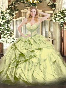 Sweetheart Sleeveless Quinceanera Gown Floor Length Beading and Ruffles Olive Green Organza