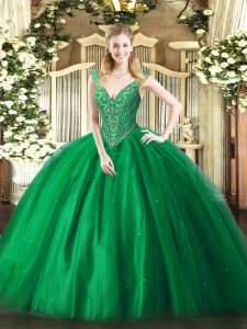 Green Lace Up Quinceanera Gown Beading Sleeveless Floor Length