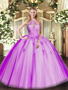 Fuchsia Tulle Lace Up Halter Top Sleeveless Floor Length 15 Quinceanera Dress Lace and Appliques