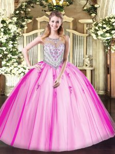 Lilac Tulle Zipper Scoop Sleeveless Floor Length Quince Ball Gowns Beading and Appliques