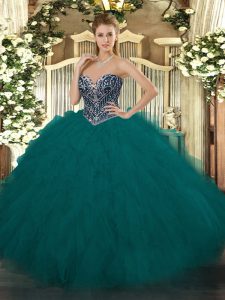 Teal Lace Up Sweetheart Beading and Ruffles 15th Birthday Dress Tulle Sleeveless