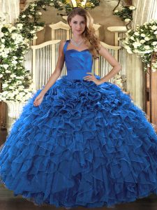 Trendy Blue Sleeveless Organza Lace Up 15 Quinceanera Dress for Military Ball and Sweet 16 and Quinceanera