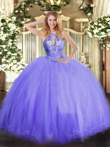 Beautiful Lavender Ball Gowns Beading Quince Ball Gowns Lace Up Tulle Sleeveless Floor Length