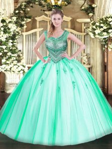 Tulle Sleeveless Floor Length Vestidos de Quinceanera and Beading