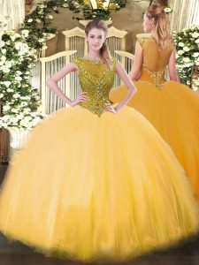 Gold Sleeveless Floor Length Beading Zipper Quinceanera Gown