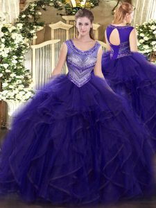 Elegant Purple Sleeveless Floor Length Beading and Ruffles Lace Up Ball Gown Prom Dress