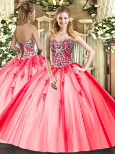 Beading and Appliques Quince Ball Gowns Coral Red Lace Up Sleeveless Floor Length