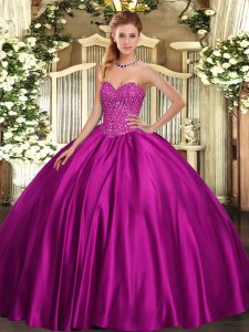 Modest Fuchsia Lace Up Sweet 16 Dress Beading Sleeveless Floor Length